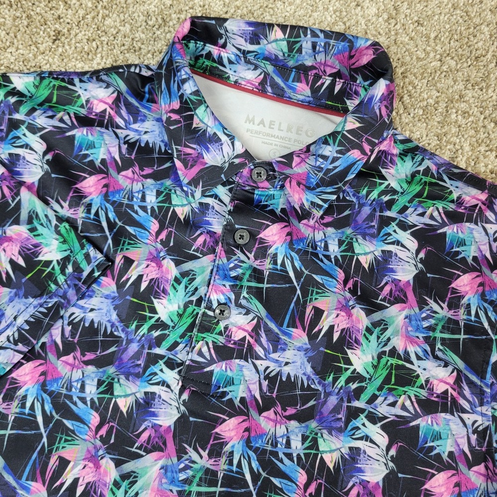 Maelreg Mens Small Black Multiocolor AOP Floral Performance Stretch Golf Polo SS